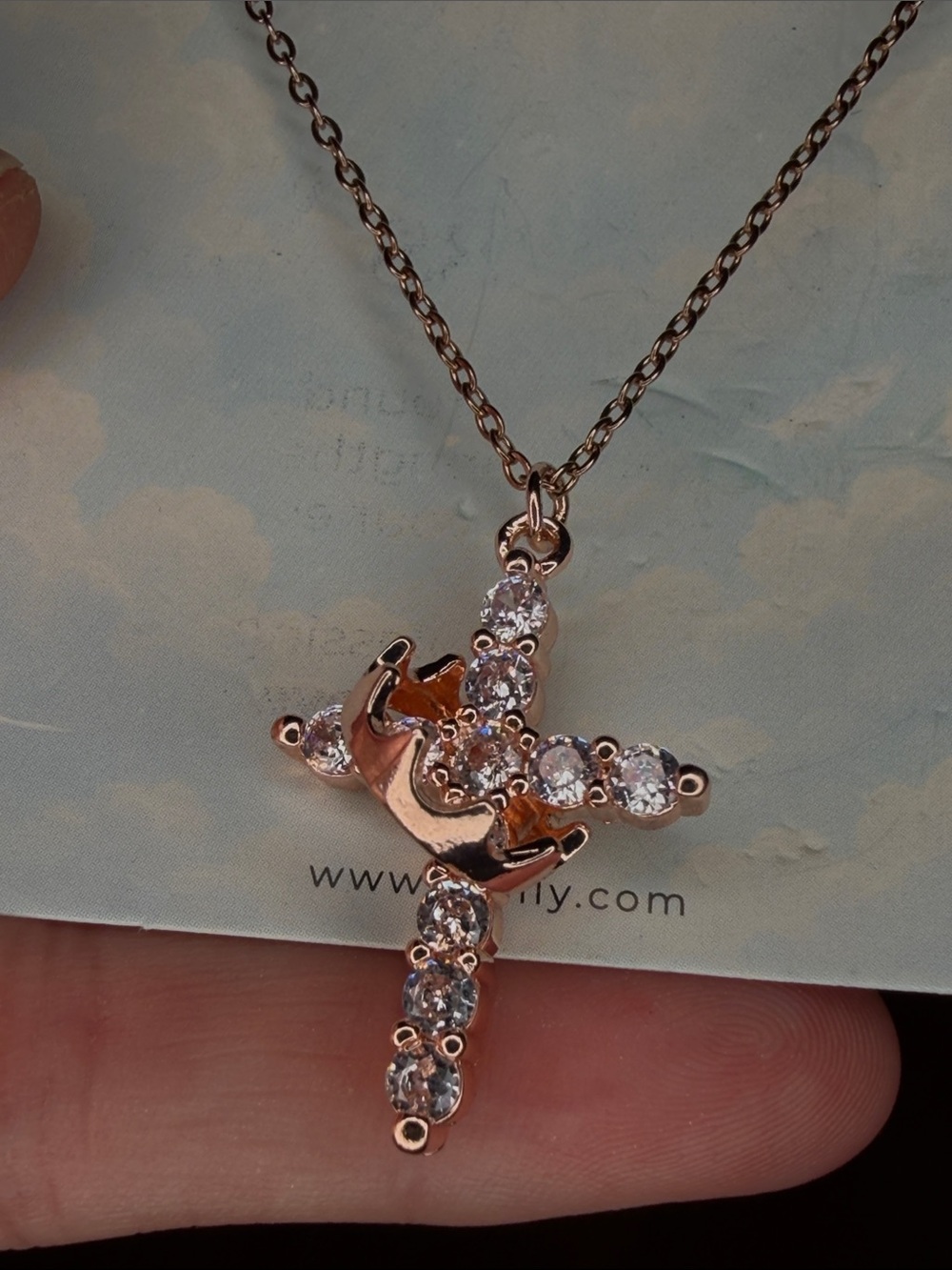 Delicate Rose Gold Cross Pendant Necklace with Crystal Accents